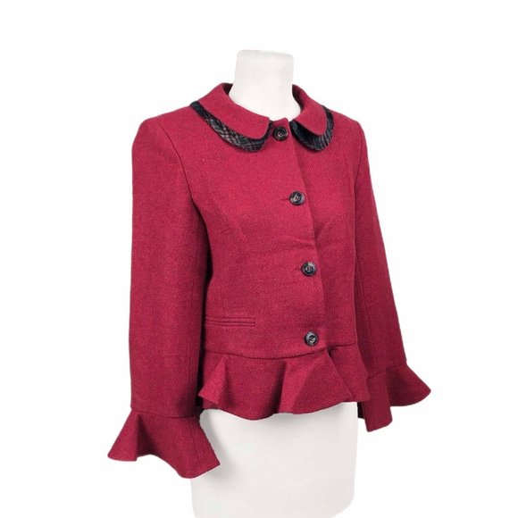 Cabbages And Roses Jacket Women's Medium Red Wool Coat Peplum Made In England - Picture 3 of 8
